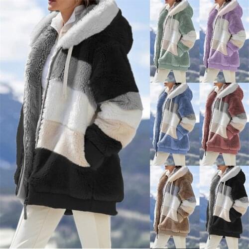 European and American Womens Winter Coat Fashion Casual Stitching Plaid Ladies Clothes Hooded Zipper Cashmere Jacket Outerwear