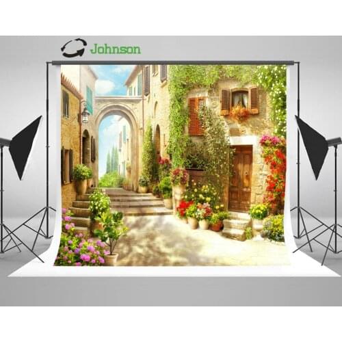 Country Village Town Flower Leaves Street Road Staircase backdrops polyester Vinyl cloth Computer print wedding Backgrounds