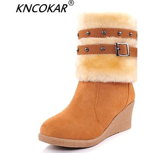 KNCOKAR 2018 new thermal snow boots belt buckles fold slope heel female boots high-heeled boots rider boots