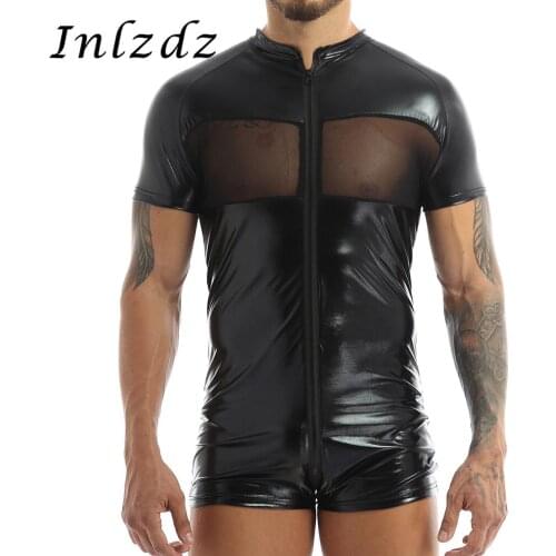 Mens Lingerie Bodysuit Shiny Metallic Crew Neck Short Sleeves Mesh Patchwork Skin-Tight Leotard Short Bodysuit Jumpsuit Clubwear