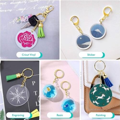 Keychains Set Including 30 Round Acrylic Blanks 30 Leather Tassels 30 Key Chain Rings with Chains and 30 Open Jump Rings