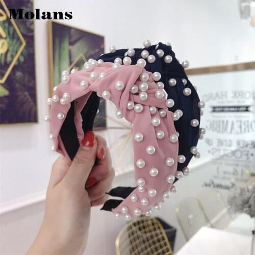 Molans New Pearl Coral Velvet Headband Solid Color Fabric Hairband Widened Thickened Ladies Headhoop Hair Accessories