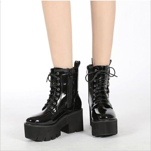 New High-heeled patent leather Boots Women Lace Up Ankle Boots Motorcycle Boots Female Autumn Winter Shoes Woman Black Botas