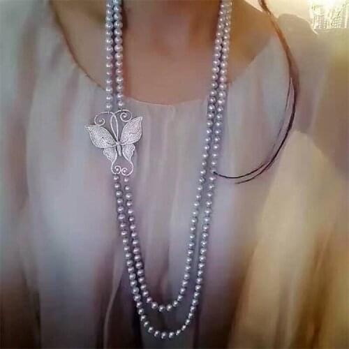 Natural color 8-9mm freshwater pearl necklace double-row sweater chain butterfly natural pearl fine jewelry