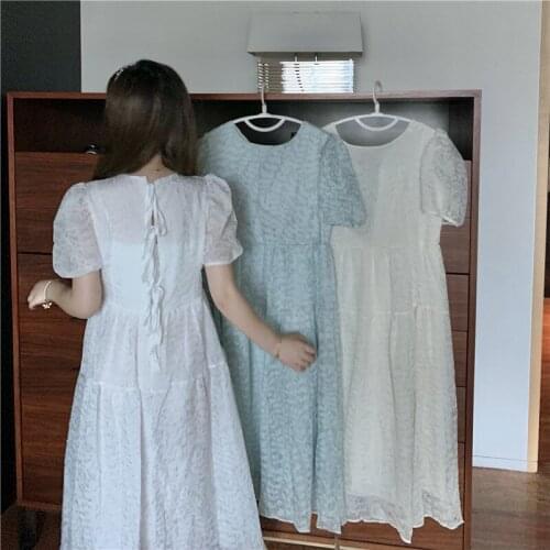 Dress French Back Lace Bowknot Puff Sleeve Short Sleeve Dress Women Summer New High Waist Long Skirt
