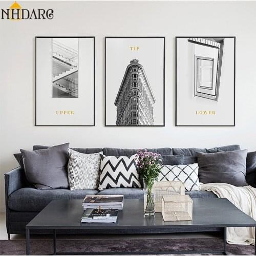 Nordic Black White City Building Staircase Landscape Canvas Print Painting Poster Art Wall Pictures for Living Room Home Decor