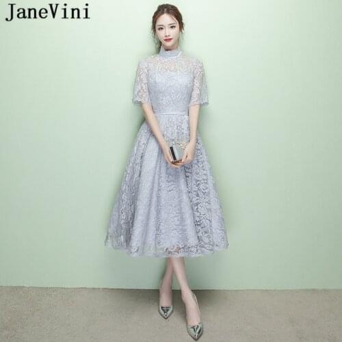 JaneVini Vintage Lace Gray Prom Dresses for Weddings 2019 High Neck Half Sleeves A Line Tea-Length Plus Size Women Formal Gowns