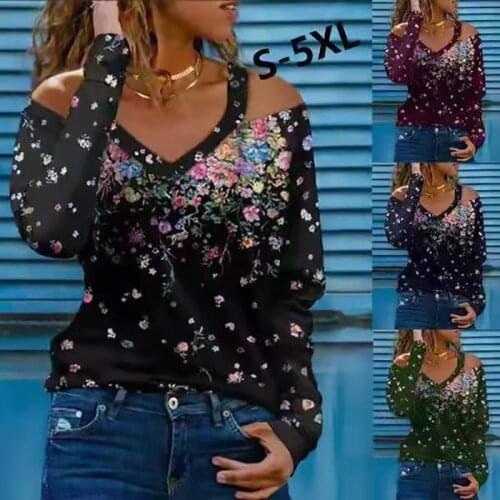 Womens Fall/Winter 2021 Fashion Long Sleeve V-neck Off-the-shoulder Floral Tee