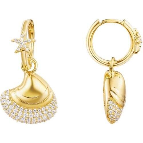 SLJELY New 925 Sterling Silver Yellow Gold Color Starfish Seashell Earrings Micro Cubic Zirconia Stones Women Luxury Jewelry