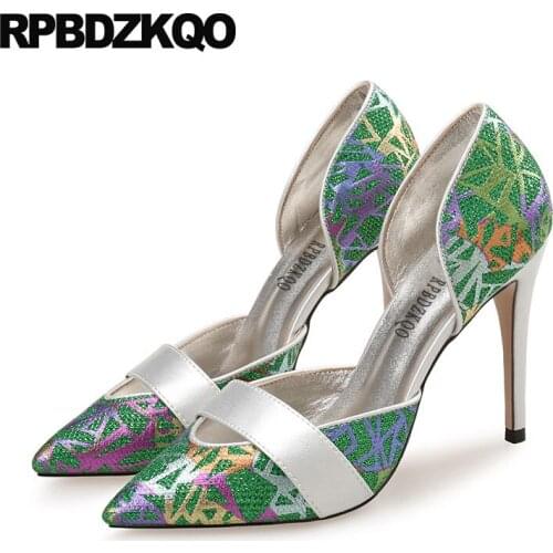 Pointed toe high heels ladies low shoes 10 42 pumps extreme 8cm 12 44 bling stiletto dress super glitter green big size ultra