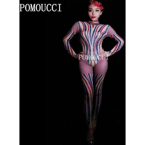 Womens Multicolor Strip Printing Sparkly Rhinestones Stretch Sexy Jumpsuit Birthday Celebrate One Piece Bodysuit Costume Dance