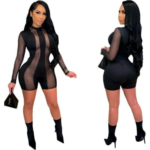 Women Sexy Long Sleeve Mesh Patchwork Perspective Short Jumpsuit Casual Club