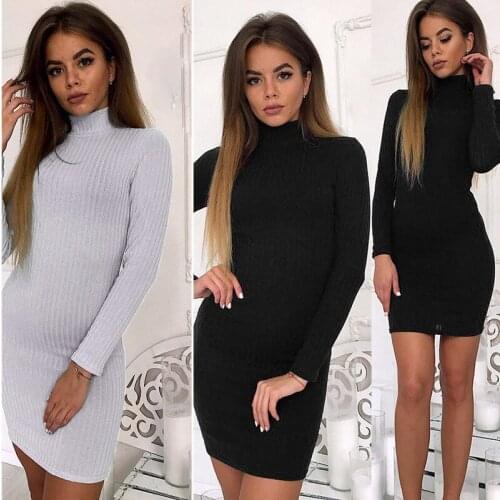 2021 New Vestidos Autumn Winter Women Sweater Dress Rib Solid Color Slim O-Neck Long-Sleeved Casual Long Knit Dress