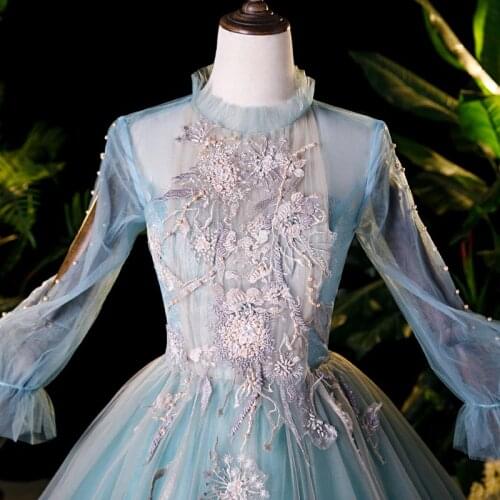 100% real pale blue beading long sleeve flower luxury ball gown medieval dress Renaissance gown queen Victorian Belle Ball gown