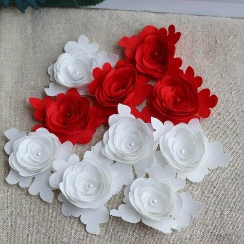 20Pcs/Lot White Red Satin Cloth Lace Patch DIY Handmade 3D Pearl Flower Wedding Dress Headwear Materials
