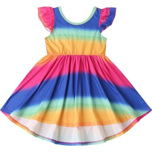 2021 Summer Toddler Kids Baby Girls Dress Patchwork Rainbow Print Fly Sleeve Princess Dress Party Dress Bimba Clothes
