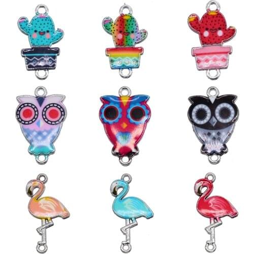 5Pcs Multiple Styles Enamel Cute Animal Owl cactusFlamingo Alloy Connectors For Women Kids DIY Handmade Bracelet Jewelry Accesso