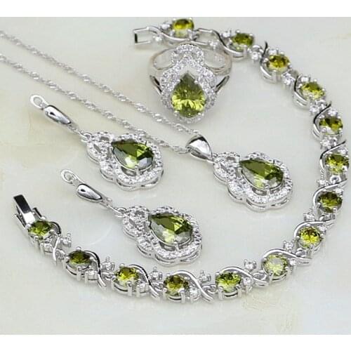 925 Sterling Silver Jewelry Lock Olive Green Zircon White CZ Jewelry Sets For Women Earring/Pendant/Necklace/Bracelet/Ring