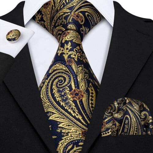 Barry.Wang Gold Floral Fashion Designer Black 100% Silk Tie Hanky Box Set Gifts For Men Wedding Groom Party Neckties LS-5138