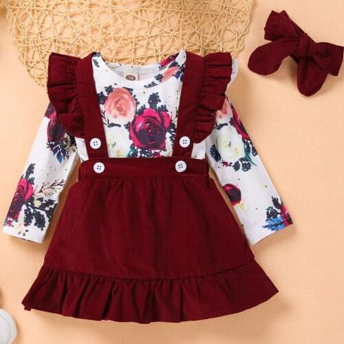Baby Clothing Dress Cute Toddler Girl Sets Fly Sleeve Floral Print Bodysuits+Ruffle Overalls Dress Newborn Baby Girl Clothes Set