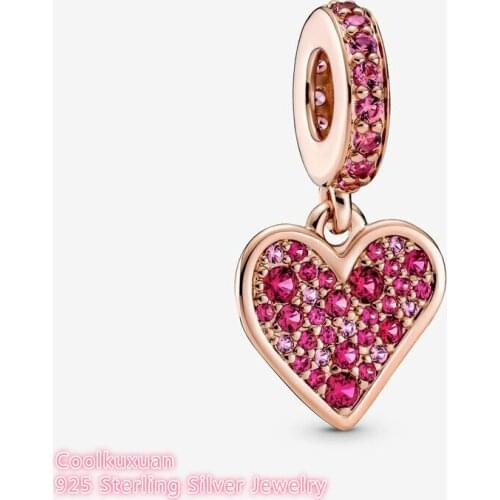 2021 Autumn 925 Sterling Silver Rose gold Pave Freehand Heart Dangle Charm beads Fits Original Pandora bracelets Jewelry Making