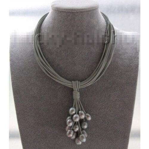 Hot sale new Style >>>>> Choker 16" 15row 14mm gray pearls gray leather necklace magnet clasp j9572