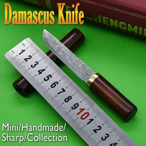 Mini Cigar Cutter Damascus Steel Outdoor Small Straight Knife Wooden Handle Tactical Portable Hunting Survival Fixed Blade EDC