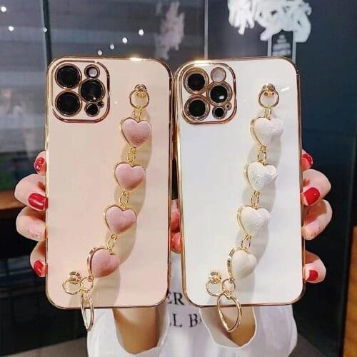 Gimfun Luxury Plush Love Heart Bracelet Phone Case for iPhone 11 12 Pro Max XR X XS Max 7 8 Plus Cute Wristband Soft TPU Cover