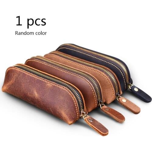 H05B Handmade Genuine Leather Pencil Bag Vintage Cowhide Zipper Pen Case School Bag