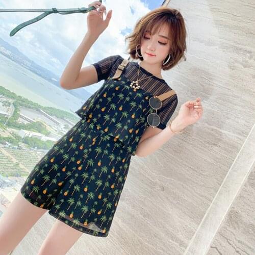 Awarose Floral Print Overalls Short Sleeve T-shirts Sling Bib Short Women Clothes Set Loose Wide Leg Pants Female Casual Suit