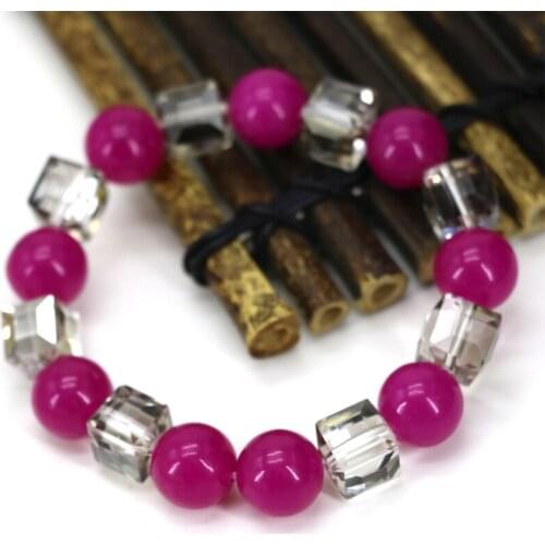 Fashion 12mm round rose red stone jades chalcedony beads charms bracelets women 10mm cube crystal unique jewelry 7.5inch B2936