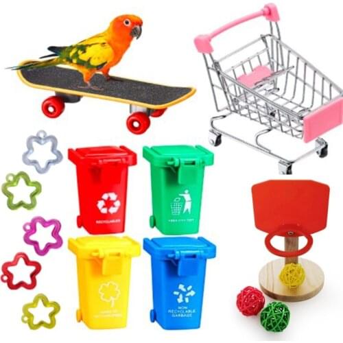 Bird Training Toys Set Skateboard Garbage Cans Basketball Hoop Toy Mini Shopping Cart Plastic Star for Birds Parrots Playing