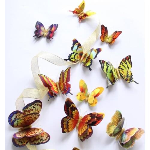 12Pcs 3D Special Effect Gold/Silver Double layer Butterfly Wall Stickers Home decoration Butterflies Magnet Fridge stickers PVC