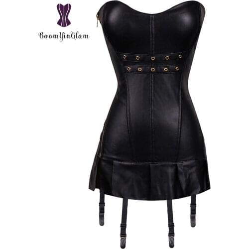 Wholesale women underwear lingerie zip side design bustier long corselet black faux leather corset dress with g string 9002