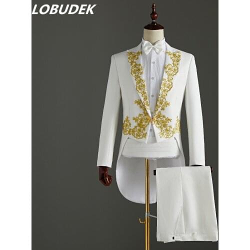 Jacket+Pants) 2 Piece Wedding Suit White Embroidery Tailcoat Set Singer Host Swallowtail Costumes Magician Chorus Stage Suits