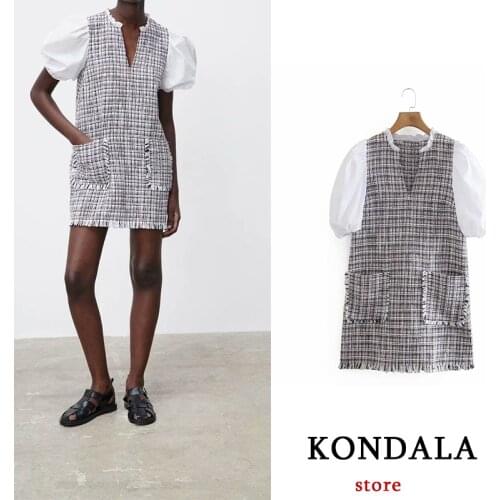 KONDALA Womens Dress Vintage Loose Za 2021 Fashion Paneled Textured Woolen Pocket Dress Female Elegant Mujer Vestidos