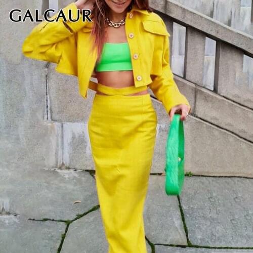 GALCAUR Casual Two Piece Set For Women Lapel Long Sleeve Coat High Waist Cut Out Midi Skirts Form Fitted Skirt Suits Female 2021