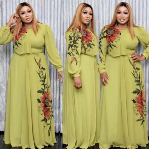 Plus Size Summer Dresses For Women African Print Chiffon Abaya Maxi Dress Long Sleeve Elegant Ladies kanga Clothes