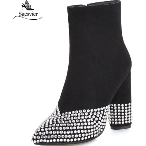 Sgesvier new ankle boots for women pointed toe stiletto thick high heels boots pointe toe sexy rhinestone ankle boots OX839