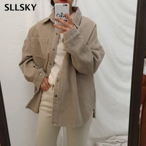 SLLSKY Women Harajuku Corduroy Jacket Winter Autumn Chic Solid Basic Coat Korean style Cute Loose Casual Ladys New Outwear