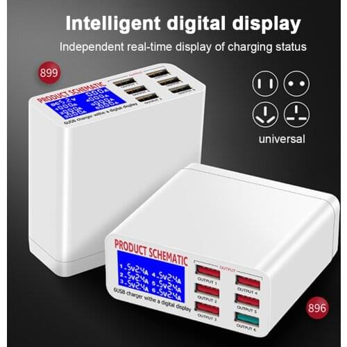 FLOVEME 6 Ports 8A QC3.0 USB Charger with LCD Display Desktop Mobile Phone Charger Smart Fast Charging for Smart Phone Tablet PC