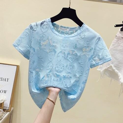 Hollow out 2021 Summer Tee Shirt Women Round Neck Short Sleeve Casual Vintage Tops Pullover Female Elegant Streetwear T-shirts