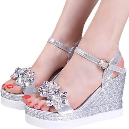 Women Sandals Open Toe Bling Crystal String Bead High Heels Shoes Wedding Party Sandals Wedges Platform Flats Sandals#G30