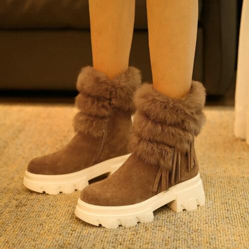 Women Cow Suede Leather Ankle Shoes Woman Warm Wool Snow Boots High Heels Comfortable Autumn Winter Suede Boots Women