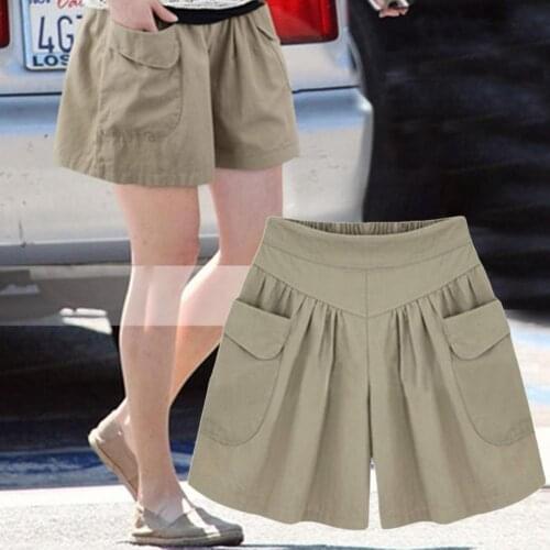 Ele-choices M-4XL Women Summer A Line Shorts Female Solid Color Loose Short Pants for Outdoor