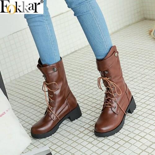 Eokkar 2020 Thick Heel Women Mid Calf Boots Round Toe Platform Lace Up Rivet Knight Boots Short Plush Winter Shoes Size 34-43