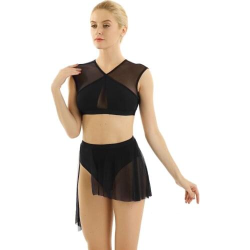 Women Adults Asymmetric Contemporary Lyrical Dance Leotard Sleeveless Cross Crop Tops And Short Skirt Modern Dance 2 Pcs Set