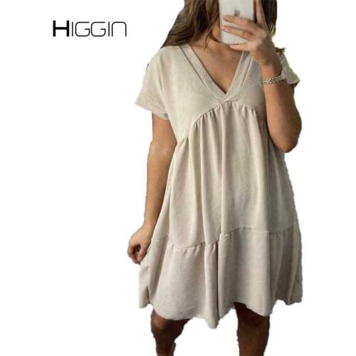 Soild Color Loose Casual Dress Female Short Sleeve V-Neck Fashion Summer Dress Women Big Swing A-Line Dress Streetwear Plus Size