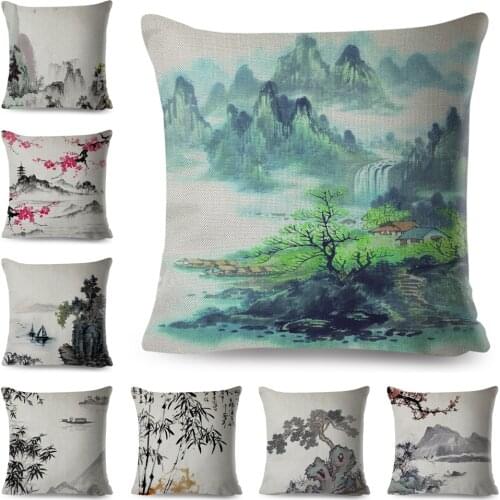 Chinese Ink Cushion Cover for Sofa Home Chair Car Decor Beautiful Scenery Pillowcase Linen Pillow case 45x45cm Pillows Covers