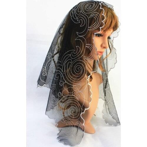 Black Embroidery Cross Church Lady Head Covering Catholic Lace Veil